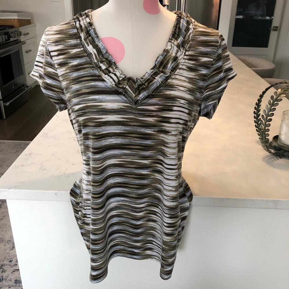 Liz Claiborne Petite SS V Neck Abstract Print Poly Rayon Top Grn Wht Blue Sz MP